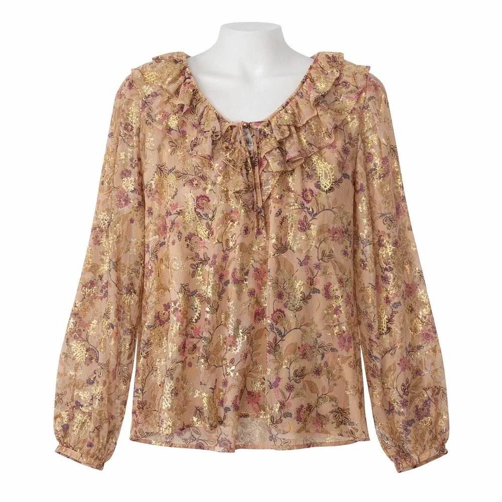 LOFT Womens Floral Ruffle Neck Long Sleeve Blouse Gold Pink Metallic Size XLNew - Picture 1 of 8